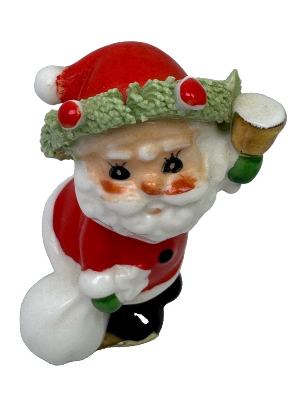 Vintage Napcoware Bone China Santa Claus Figurine Wreath Hat Holding Bell Gift